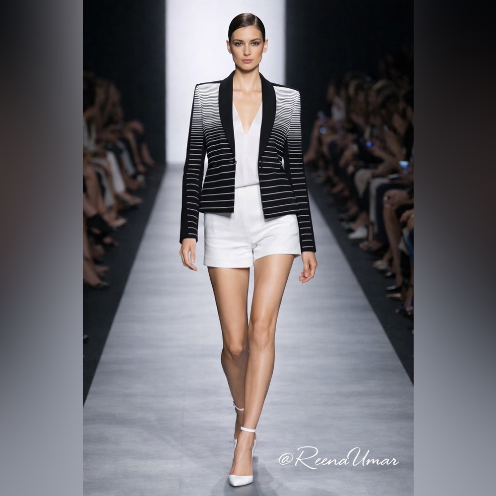 ✨ BCBGMaxAzria “Bowie” Black & White Striped Open-Front Blazer